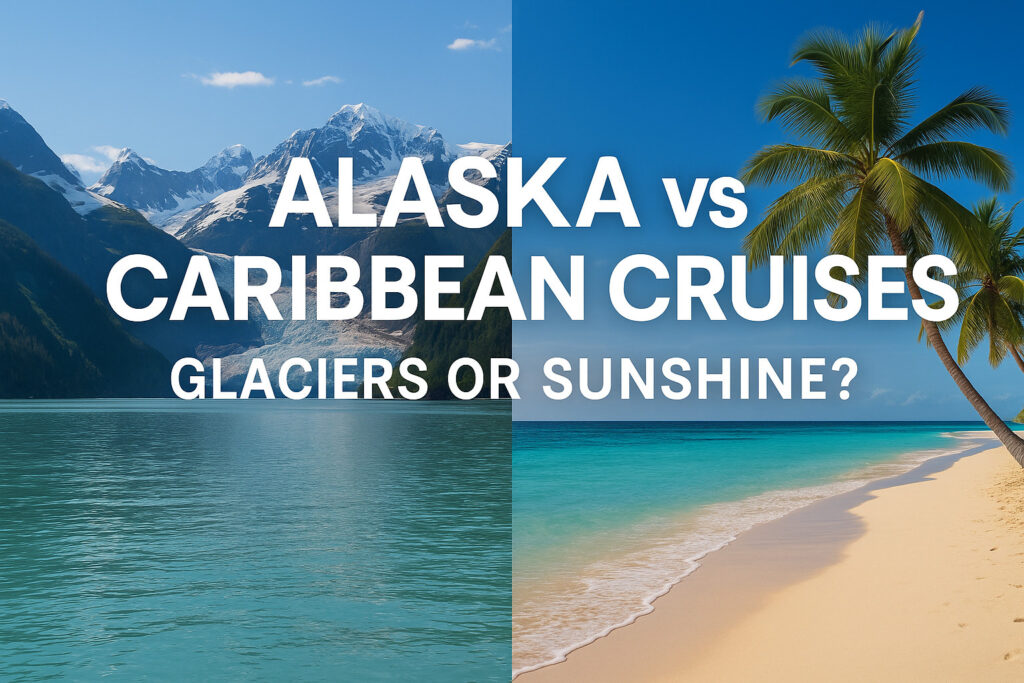 Image with split screen showing Alaska glacier on one side and sunshine beach on the other