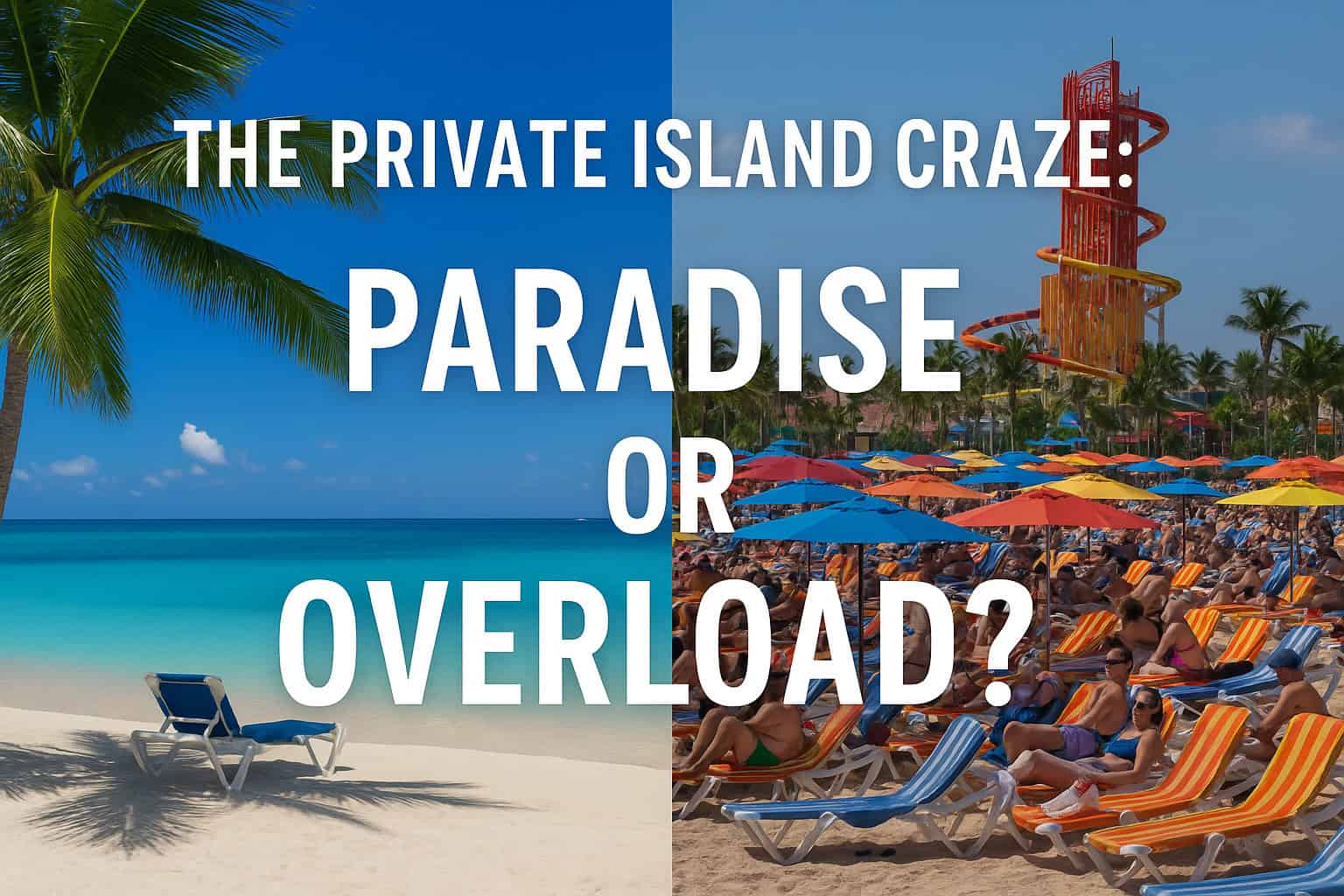 Split picture showing a tranquil beach scene on one side and a private resort on the other with text overlay of The Private Island Craze: Paradise or Overload?