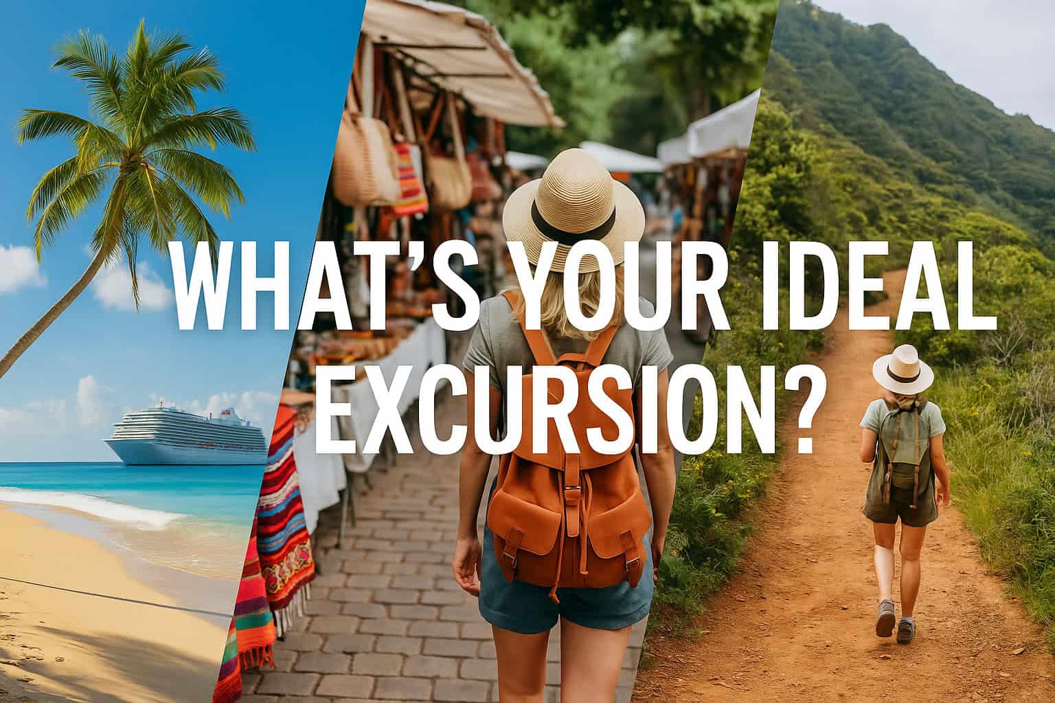 Collage showing a tropical beach with a cruise ship, a traveler walking through a colorful market, and a hiker on a lush mountain trail - text overlay reads What's Your Ideal Shore Excursion.
