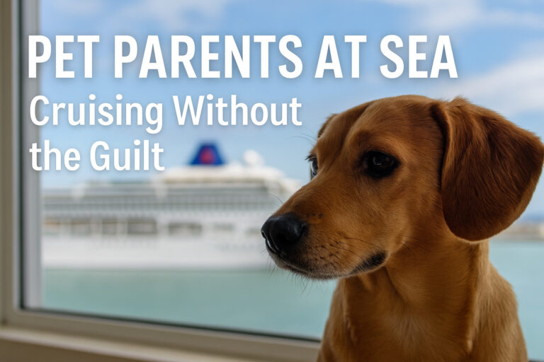 Sad dog in front of a cruise ship