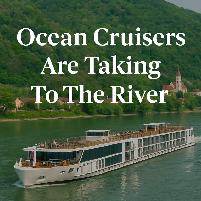 River cruise ship on a lazy river with mountains in the background.