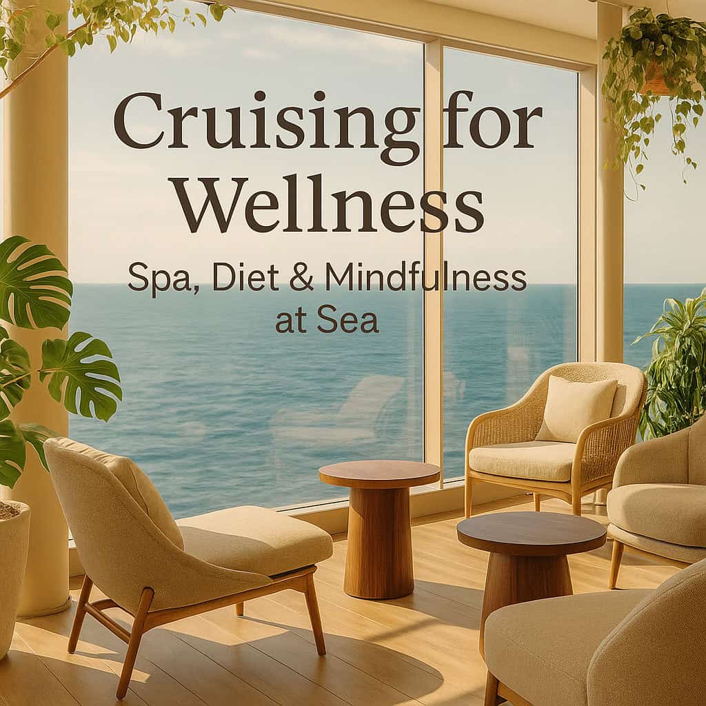 Sunlit cruise ship spa lounge with ocean views, modern chairs and lush plants - text overlay reads Cruising for Wellness: Spa, Diet & Mindfulness at Sea