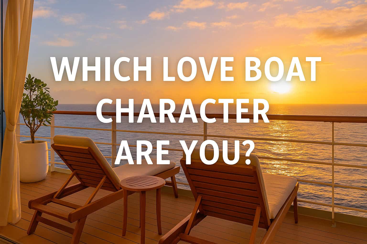 cruise ship deck at sunset with lounge chairs and golden ocean view