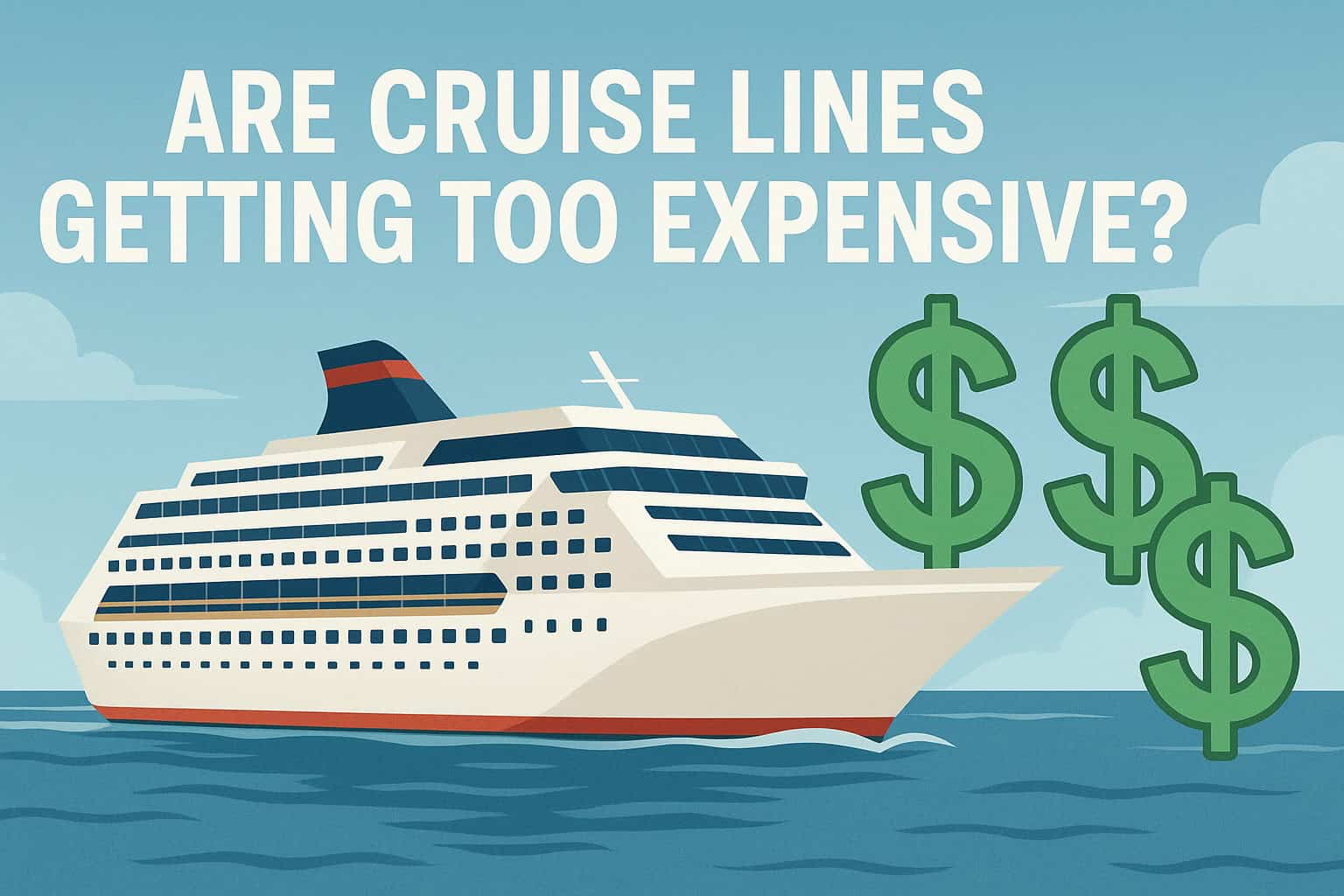 cruise ship on the water with 3 large dollar signs and text of Are Cruise Lines Getting Too Expensive