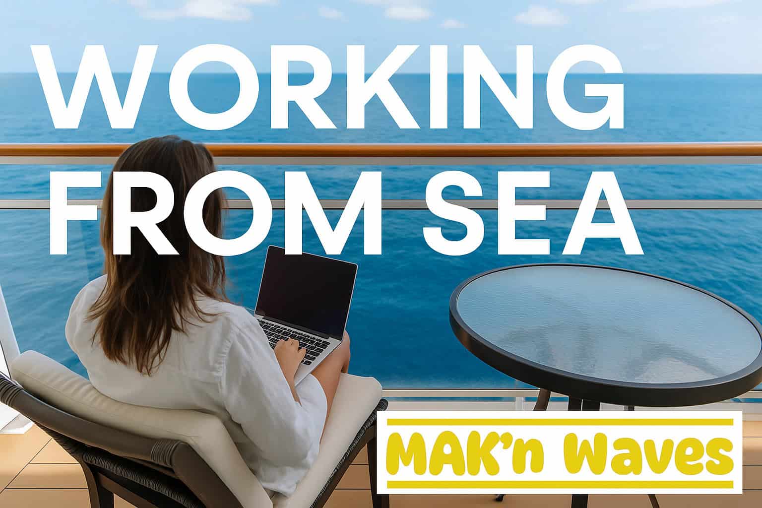 Woman on laptop sitting on cruise ship balcony